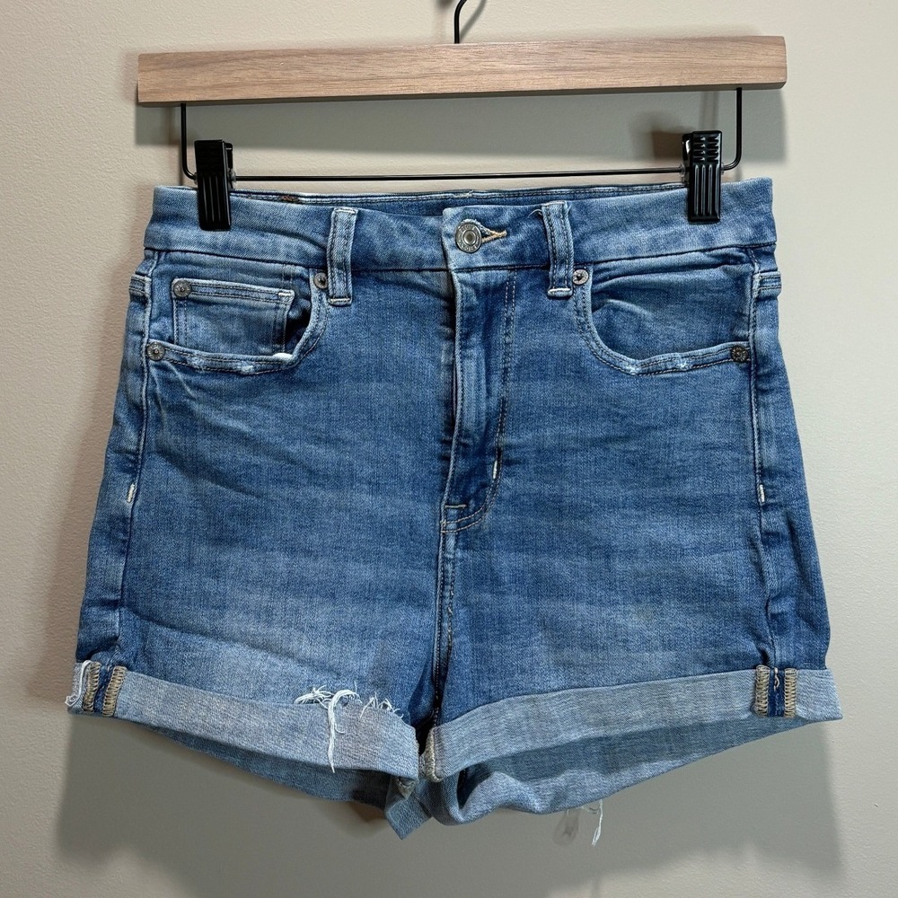 American Eagle Curvy Hi-Rise‎ Shortie Denim Shorts Blue Size 4 Distressed Cuffed